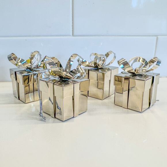 Set of 4- Vintage Silver Plated Metal Christmas Gift Box/Present Ornaments - Picture 1 of 6
